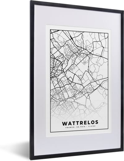 Fotolijst incl. Poster Zwart Wit- Frankrijk – Kaart – Plattegrond – Stadskaart - Wattrelos - Zwart wit - 40x60 cm - Posterlijst