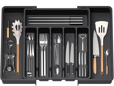 Uitschuifbaar dienblad voor lade, bestekopslag, lade-organizer voor de keuken, kunststof opberghouder voor bestek, lepels, vorken enz., zwart