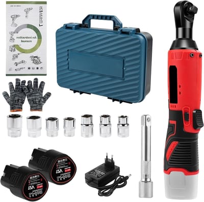 Krachtige 3/8" Accu Ratelsleutel met 12 V en 35 N.m, Inclusief 2 Batterijen, Snellader en LED Verlichting voor Efficiënt Schroeven en Montage