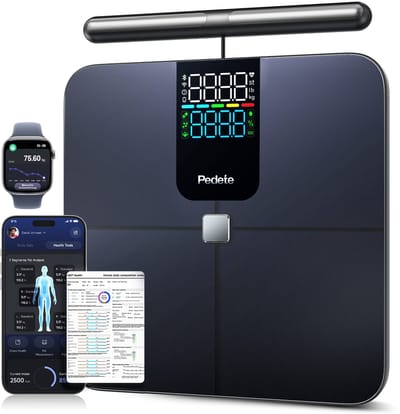 Personenweegschaal Digitaal-Lichaamsanalyse Weegschaal - Slimme Weegschaal met 8 Elektroden - Dual-Frequency BIA - 45+ Metingen - Hartslagmeting - Bluetooth & WiFi - App compatibel met Apple Health & Google Fit - Tot 180 kg