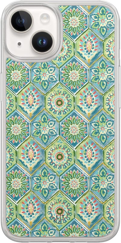 Hoesje geschikt voor iPhone 14 - Bohemian vibes - 2in1 backcover - Print / Illustratie - Groen, Blauw - Leuke Telefoonhoesjes