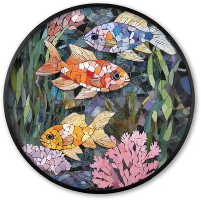 Poster in lijst Rond - Fotolijst 60x60 cm - Posters - Vissen - Koraal - Zee - Mozaïek - Ronde posterlijst zwart - Decoratie - Wanddecoratie woonkamer - Muurdecoratie slaapkamer