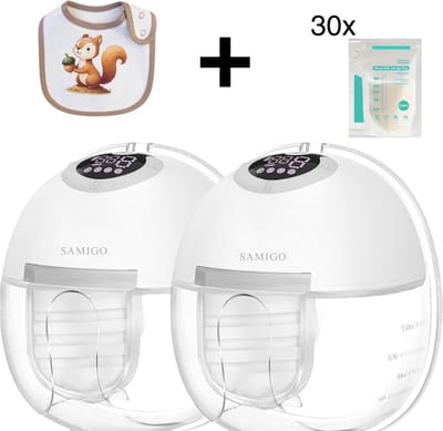 Borstkolf electrisch dubbel-Draadloze borstkolf Samigo - Elektrische Draadloze Borstkolf Slim – Handsfree & Draagbaar – BPA-Vrij – Dubbele Borstkolf - Met slabbetje!- inclusief bewaarzakjes voor de moedermelk - Wit