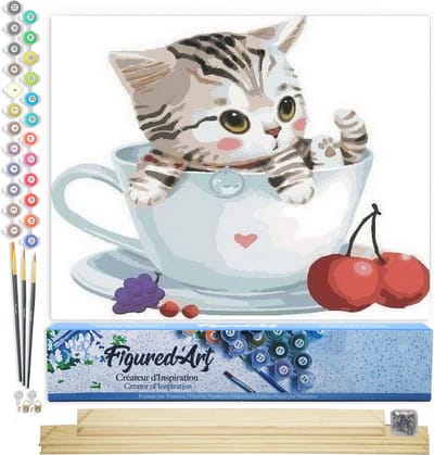 Figured'Art Schilderen op Nummer Volwassenen canvas Kers Kat - Handwerk acrylverf Kit DIY Compleet - 40x50cm met DIY houten lijst