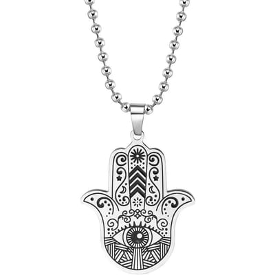 Roestvrij Staal Hamsa Hand Ketting Moslim Hand van Fatima Hanger Kettingen Voor Vrouwen Mannen Arabisch Amulet Sieraden 60cm white