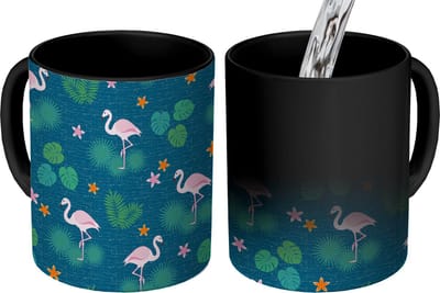 Magische Mok - Foto op Warmte Mokken - Koffiemok - Flamingo - Planten - Patroon - Magic Mok - Beker - 350 ML - Theemok