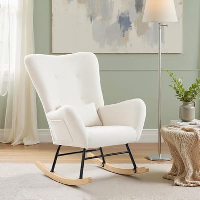 Fauteuil à Bascule - Chaise d'Appoint en Peluche - Confort d'Assise en Mousse - Poche Latérale Pratique - 67x82x100 cm - Balancement Fluide - Intérieur Crème