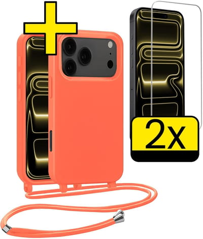 Hoesje Geschikt voor iPhone 17 Pro Hoesje Met Koord Met 2x Screenprotector Siliconen Case - Hoes Geschikt voor iPhone 17 Pro Backcover Met Afneembaar Koord - Papaya