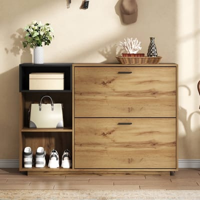Clruro Schoenenkast - 120 x 32 x 84,5 cm - met klepvakken en afsluitbaar - MDF - Naturel + zwart