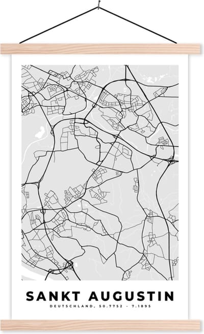 Posterhanger incl. Poster 40x60 cm - Schoolplaat - Stadskaart - Sankt Augustin - Plattegrond - Kaart - Duitsland - Textielposter - Blanke latten - Stadskaart