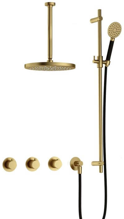 Hotbath Cobber IBS70 inbouw regendoucheset met ronde handdouche aan houder en 30cm ronde hoofddouche aan 30cm plafondarm geborsteld messing PVD