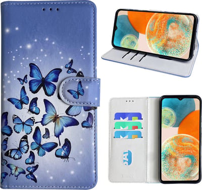 Hoesje geschikt voor Samsung Galaxy A23 Bookcase met Blauw vlinder print