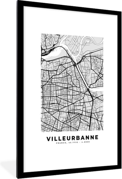 Fotolijst incl. Poster - Frankrijk - Villeurbanne - Stadskaart - Plattegrond - Kaart - 80x120 cm - Posterlijst