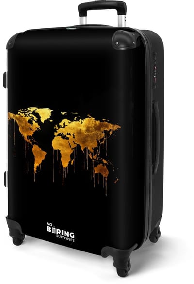 NoBoringSuitcases.com® - Koffer groot - Rolkoffer lichtgewicht - Wereldkaart - Goud - Zwart - Vakantie reiskoffer met 4 wielen - Grote trolley XL - Travel suitcase large - 20 kg bagage - Ruimbagage medium met TSA slot
