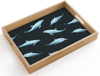 Dienblad hout 40x30 cm - Schootdienblad - Dolfijnen - Patroon - Blauw - Grijs - Borrelplank rechthoek - Plateau dienbladen