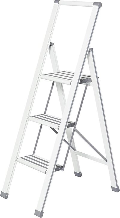 Trapladder Aluminium - Huishoudtrap Vouwladder - Klusjes Uitvoeren - XXL Antislip Treden - 3 Treden - Wit Grijs