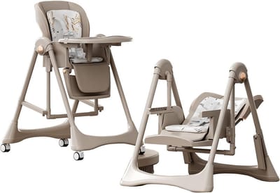 Kinderstoel PU-leer - Babystoel Inklapbaar - Veilig Eten - Schommel & Dubbel Dienblad - 5 Hoogtes 3 Posities - Kaki