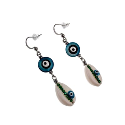 60mm Lange Oorbellen Dames - RVS - Haakoorbellen met Turquoise Groene Schelp Versierd met Zwart Turkse Oog - Handgemaakt