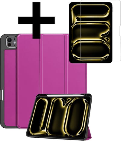 Hoes - Geschikt voor Apple iPad Pro (2024/2025) - 11 inch - Met Screenprotector - Trifold Bookcase - Hard Cover Case - Met Uitsparing Geschikt voor Apple Pencil - Hardcover Book - Tablet Hoesje - Paars