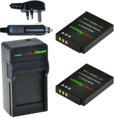 ChiliPower 2 x EN-EL12 accu's voor Nikon - Charger Kit + car-charger - UK version