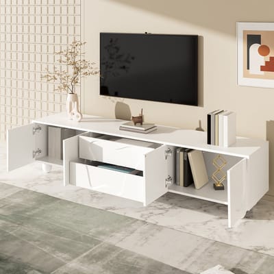 MODENUIT Tv-meubel - Met Laden En Opbergvakken - Voor Woonkamer - Spaanplaat Met Houten Poten - 180x40x42 Cm - Wit