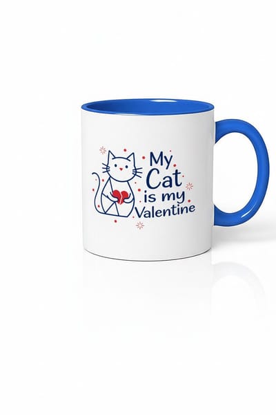 Valentijn Mok 'My Cat is my Valentine' met Lieve Kat – Perfect Cadeau Kattenliefhebber – Wit & Blauw Keramische Beker