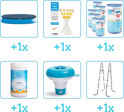 Accessoires voor Intex Easy Set Zwembad - 457x84 cm - Rond - Opblaasbaar - Met filterpomp - Intex - 28023 - Afdekzeil - Testrips - Filters - Chloor - Chloordrijver - Ladder