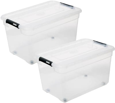 5Five opberg kist met deksel - 3x - Solutions Box - 52 liter - 58 x 39 x 34 cm - kunststof - transparant - met wielen
