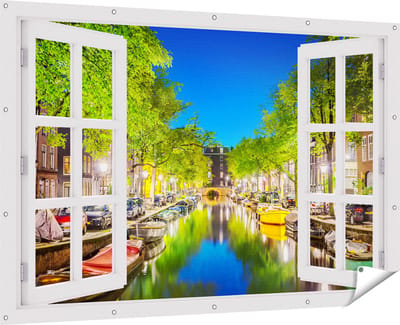 Gards Tuinposter Doorkijk Amsterdamse Gracht in de Nacht - 180x120 cm - Tuindoek - Tuindecoratie - Wanddecoratie buiten - Tuinschilderij