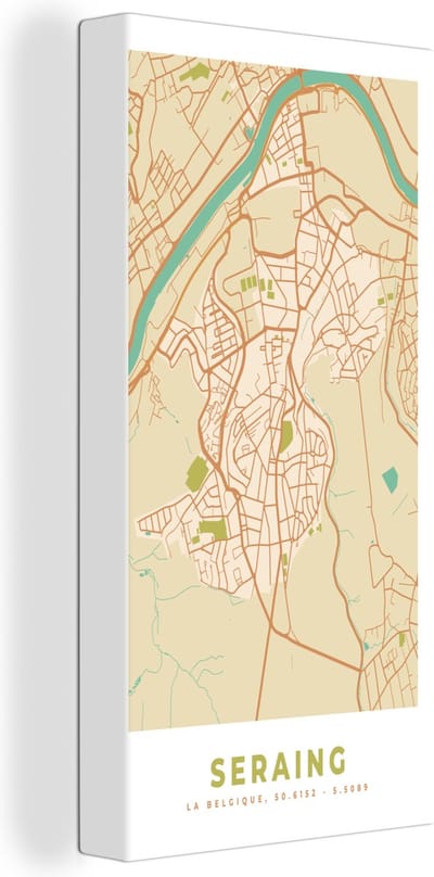 Canvas Schilderij Plattegrond - Stadskaart - België - Seraing - Kaart - 20x40 cm - Wanddecoratie