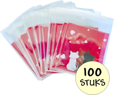 100x Cellofaan Katten Zakjes 10x10 cm - 100 Stuks Uitdeelzakjes - Cellofaan Plastic Traktatie Kado Zakjes - Snoepzakjes - Cats - 10x10 cm