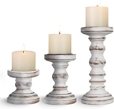 Kandelaars Set - Houten Kaarsenhouders - Sfeervolle Decoratie - Rustiek Gebogen Design - Set van 3 - Verweerd Wit