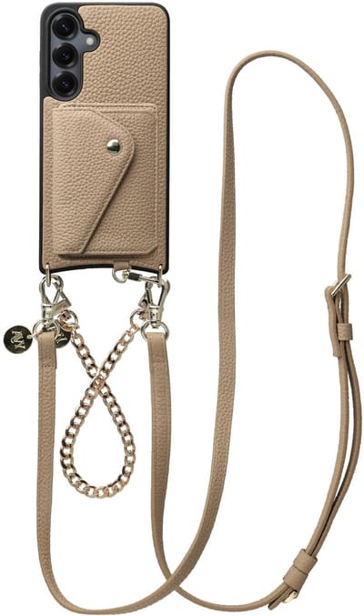 AVY Leren Hoesje geschikt voor Samsung Galaxy S25 / S24 | Met Koord en Magnetische Kaarthouder | Compatibel met MagSafe | Leather Case met 30CM & 130CM Koord & Wallet | Leather and Gold | Beige