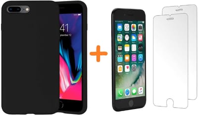 Hoesje Geschikt voor iPhone 7 Plus / 8 Plus - Liquid siliconen Hoesje Nano Zwart case TPU backcover - met Screenprotector 2 stuks tempered glass