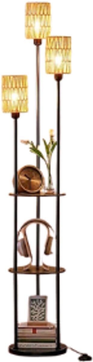 Staande Lamp-Vloerlampen- Boho-vloerlamp- 3 lampen- Met planken lampenkap van rotan-Voetschakelaar-178 -Energieklasse F.