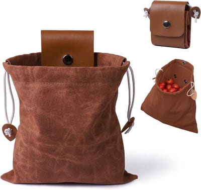 Verzamelzak - fruitplukzak voor buiten - verzamelzak van gewaxt canvas - opvouwbare leren heuptas met trekkoord - multifunctionele plukzak voor kamperen, schelpen, schatten, reizen, wandelen - bruin