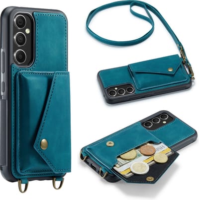 Casemania Hoesje Geschikt voor Samsung Galaxy A14 - Emerald Green - Luxe Backcover met Koord en Magnetische Sluiting - Portemonnee Wallet Case met Pasjeshouder en Opbergvak - Lanyard Telefoonhoes - Cord Case
