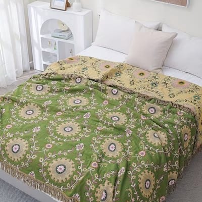 KZQ 100% Katoen Deken Boho Ultra Zacht, Omkeerbare Deken met Dubbelzijdige Vogel en Bloem Borduurwerk, 150 x 200 cm Ademend All Seasons Dekbed voor Bank Bed, Sprei met Franjes, Lichtgewicht Decoratie Hondenkussen Stijl 7