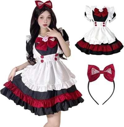 Anime Franse Dienstmeisje Kostuum voor Carnaval en Halloween - Schattige Cosplay Outfit met Grote Rode Strik en Kattenklauw Hoofdband - 5 Delige Set voor Vrouwen