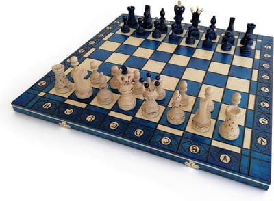 Schaakbord XXL - Strategisch spel - Gezellig spelletje - Handgemaakt hout - 54 x 54 cm - Blauw