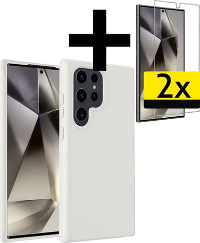 Hoesje - Met 2x Screenprotector - Geschikt voor Samsung Galaxy S24 Ultra - Sterk & Shockproof - Back Cover - Siliconen Case - Telefoon Hoes - Telefoonhoesjes - Wit