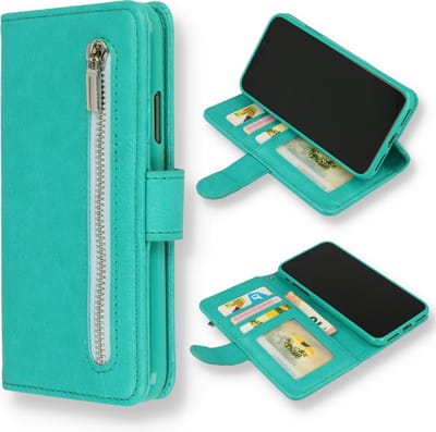 HB Hoesje Geschikt voor Apple iPhone 12 & 12 Pro - Turquoise - Luxe Kunstlederen Portemonnee Book Case met Rits