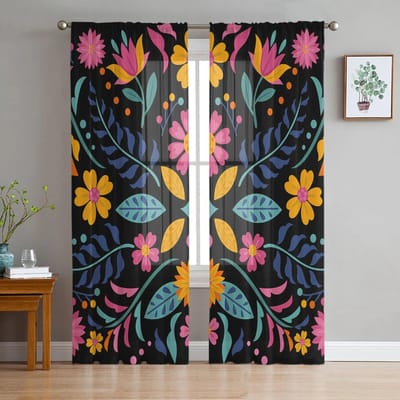 Mexicaans Festival Patroon Textuur Slaapkamer Transparante Dunne Gordijnen Vakantiedecoratie Raam Voile Tule Gordijn 135W x 114H(cm) gray