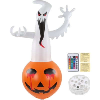 Citrouille Gonflable Fantôme Lumière LED 16 Couleurs Résistant aux Intempéries Décoration Accessoire d'Halloween pour Pelouse Jardin