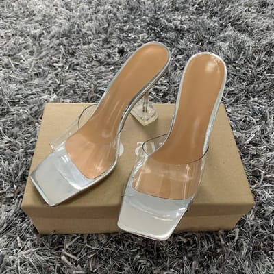 Nouvelles Pantoufles Transparentes en PVC Designer Femmes Perspex Talons Hauts Été Fête Dames Bande Claire Chaussures en Cristal Grande Taille 41 42 42 brown