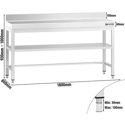 GGM Gastro Edelstahl Arbeitstisch PREMIUM - 1800x800mm - mit Grundboden, Aufkantung & Verstrebung Zilver