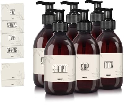 Oputec 6 x 300 ml zeeppompjes – bruin transparante kunststof flessen met pomp & etiketten – navulbaar & lekvrij