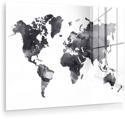 ® Glasschilderij 160x120 cm - Schilderij acrylglas - Wereldkaart - Waterverf - Zwart - Wit - Foto op glas - Muurdecoratie woonkamer - Wanddecoratie slaapkamer - Schilderijen