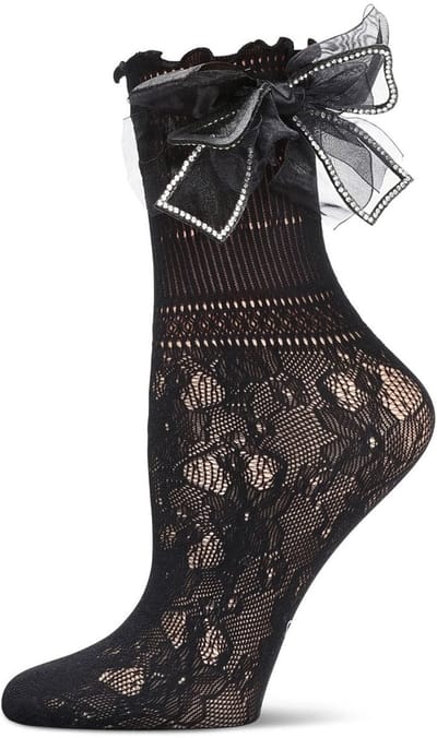MeMoi Luxe Netkousen Dames met Strass Strikje Elegante Kant Look Crew Socks 1 Paar