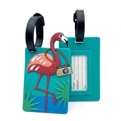 Turquoise en roze flamingo kofferlabel dames heren – bagage label met tropisch flamingo ontwerp – PVC reis label met camera detail – verstelbare bagage hanger voor koffer en tas – reis accessoires – 1 stuk